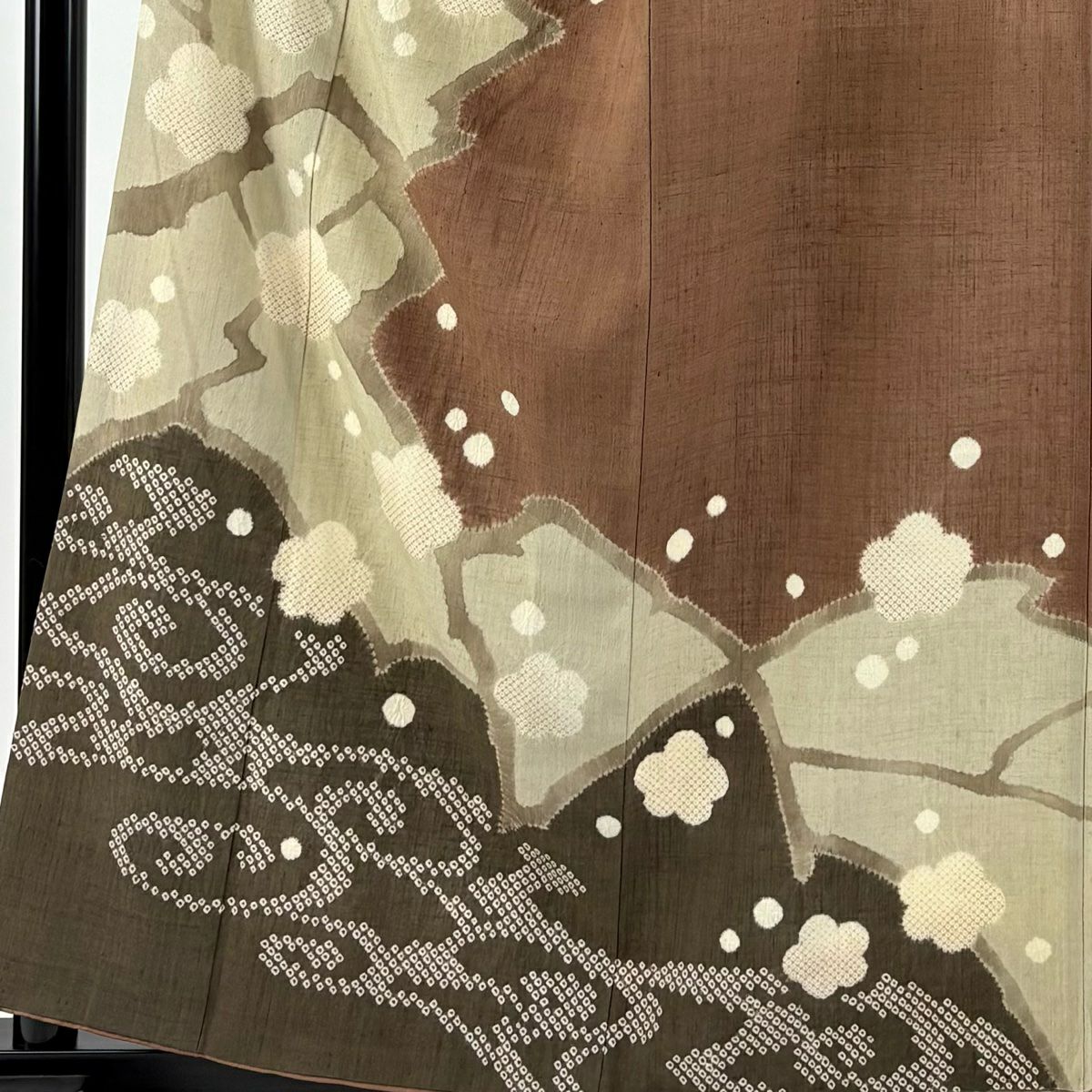 【庫存清倉】訪問服 身長159.5cm 袖長63.5cm S 雙層 紬織織 枝梅花 流水 絞染 茶 純蠶絲 名品級