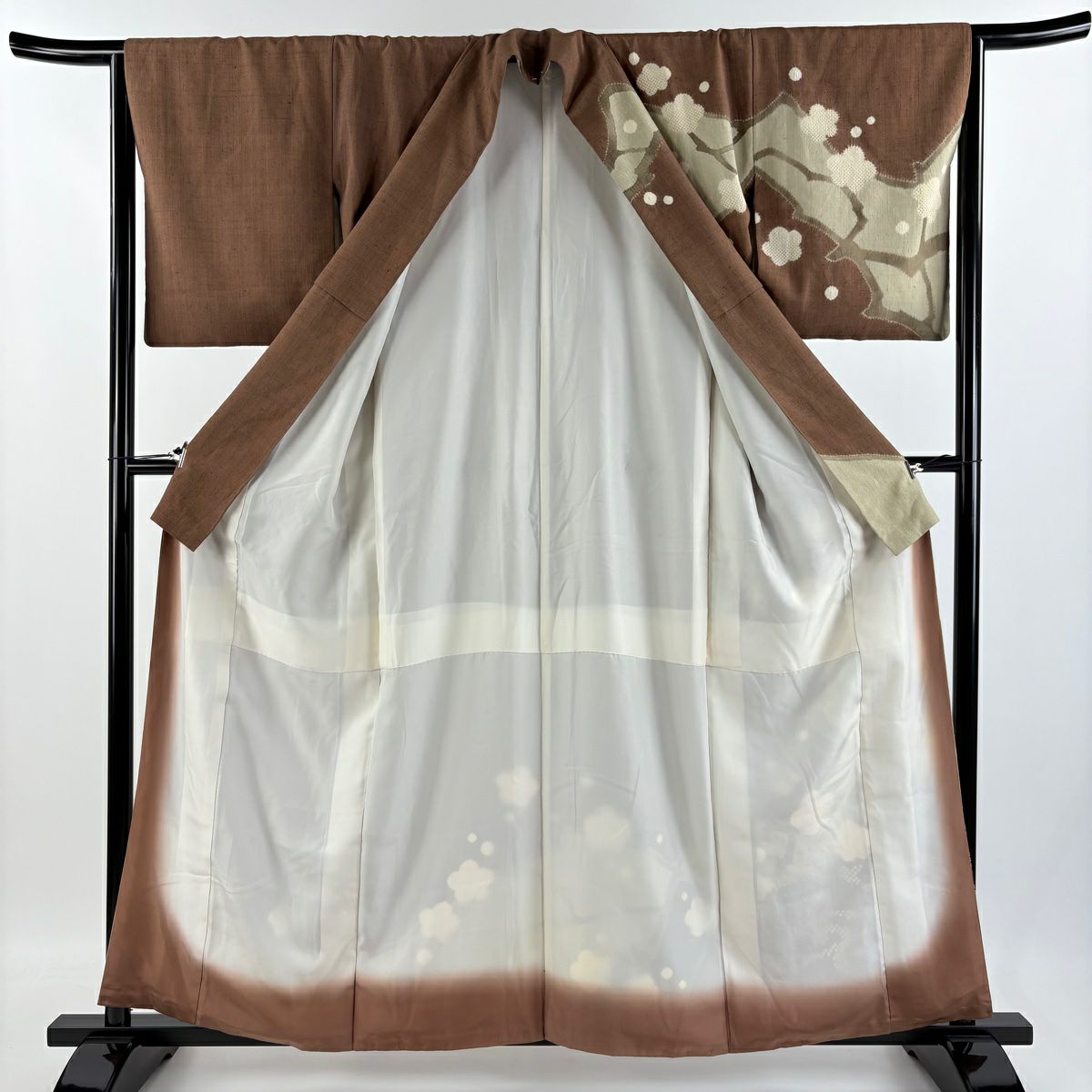 【庫存清倉】訪問服 身長159.5cm 袖長63.5cm S 雙層 紬織織 枝梅花 流水 絞染 茶 純蠶絲 名品級