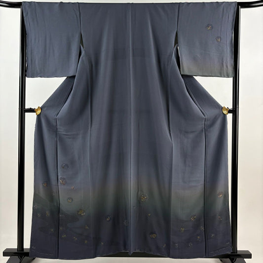 【庫存清倉】 付下 身長159.5cm 袖長66cm M 雙層 雪輪 花鳥 刺繡 金線 灰 純蠶絲 名品級