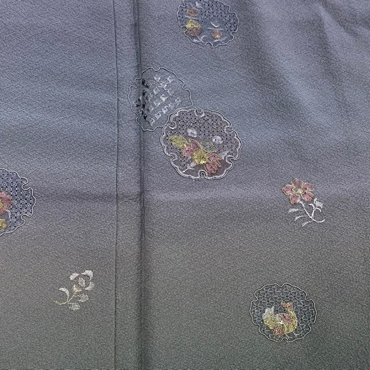 【庫存清倉】 付下 身長159.5cm 袖長66cm M 雙層 雪輪 花鳥 刺繡 金線 灰 純蠶絲 名品級
