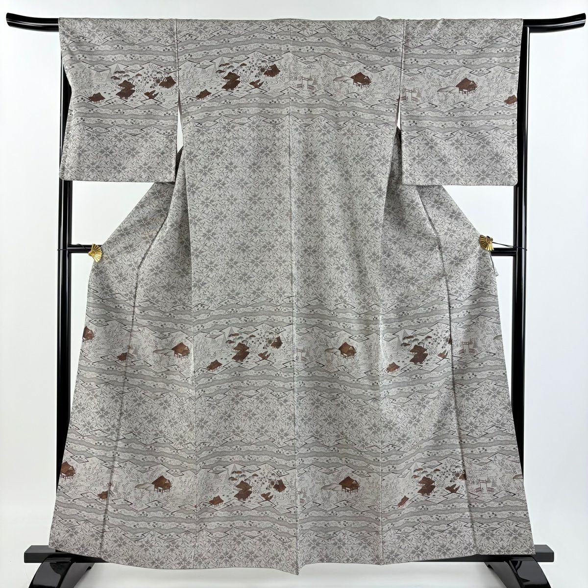【庫存清倉】 付下 身長160.5cm 袖長65.5cm M 雙層 家屋 松樹葉 灰 純蠶絲 名品級