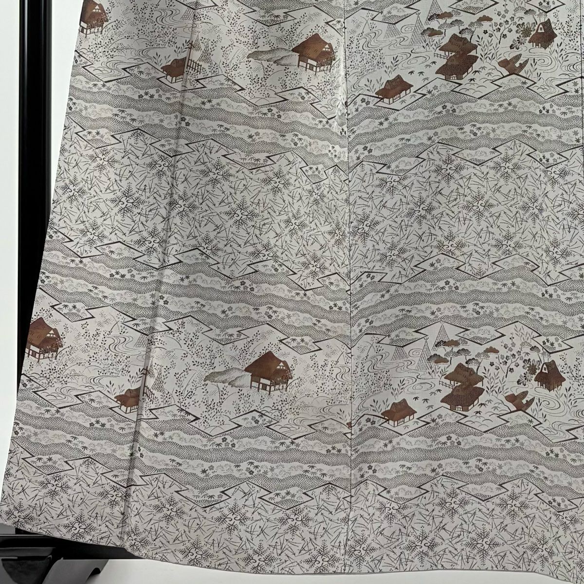 【庫存清倉】 付下 身長160.5cm 袖長65.5cm M 雙層 家屋 松樹葉 灰 純蠶絲 名品級