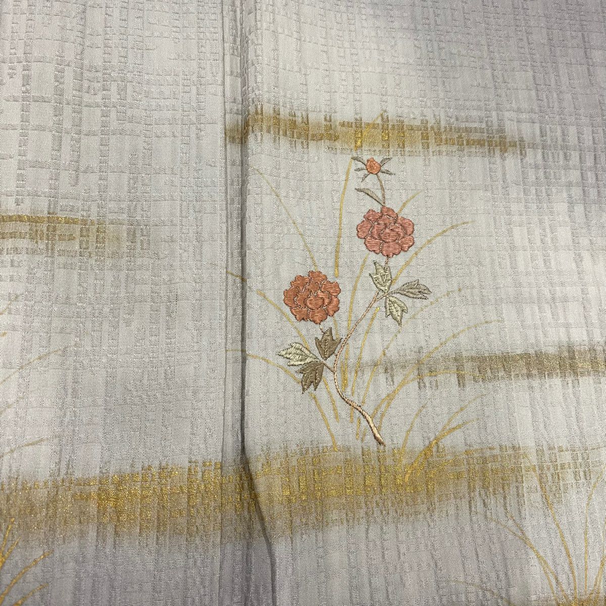 【庫存清倉】 付下 身長158.5cm 袖長64cm M 雙層 草花紋紋 霞 刺繡 金彩裝飾 淡紫 純蠶絲 優品級 一個紋