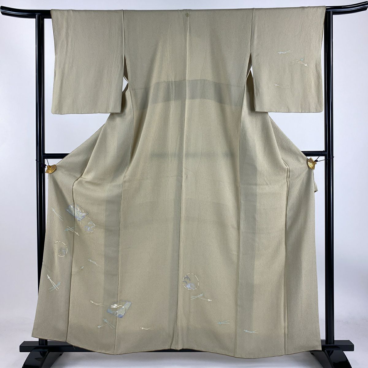 【庫存清倉】 付下 身長159cm 袖長62cm S 雙層 松樹葉 扇子 金銀彩 米色 純蠶絲 優品級 一個紋
