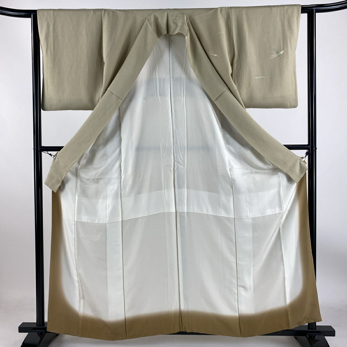 【庫存清倉】 付下 身長159cm 袖長62cm S 雙層 松樹葉 扇子 金銀彩 米色 純蠶絲 優品級 一個紋