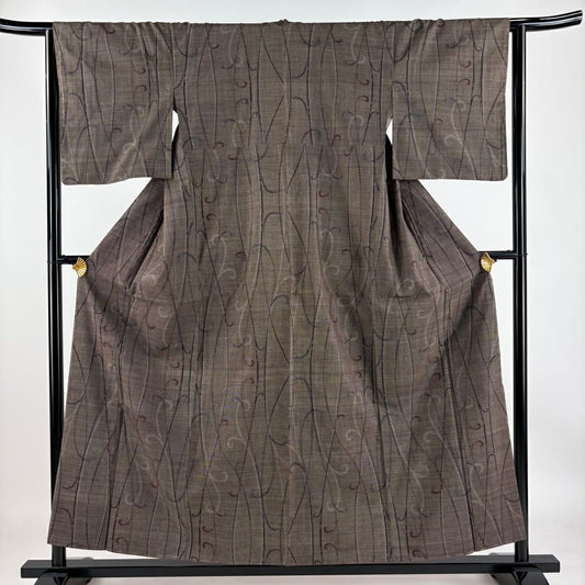 【庫存清倉】 紬織 身長155.5cm 袖長63.5cm S 雙層 唐草紋 焦茶 純蠶絲 美品 秀品級