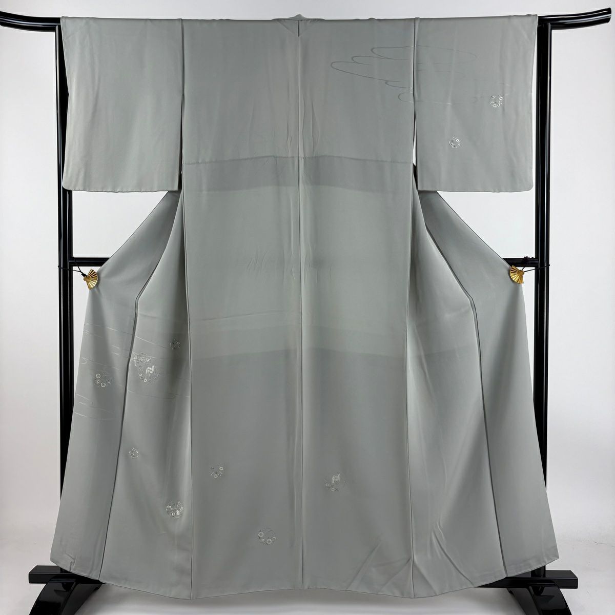 【庫存清倉】 付下 身長158cm 袖長63.5cm S 雙層 花丸紋 地紋 刺繡 金絲 灰色 純蠶絲 優品級