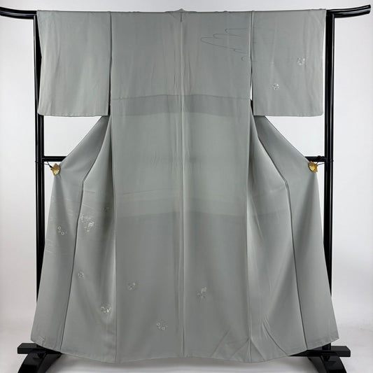 【庫存清倉】 付下 身長158cm 袖長63.5cm S 雙層 花丸紋 地紋 刺繡 金絲 灰色 純蠶絲 優品級