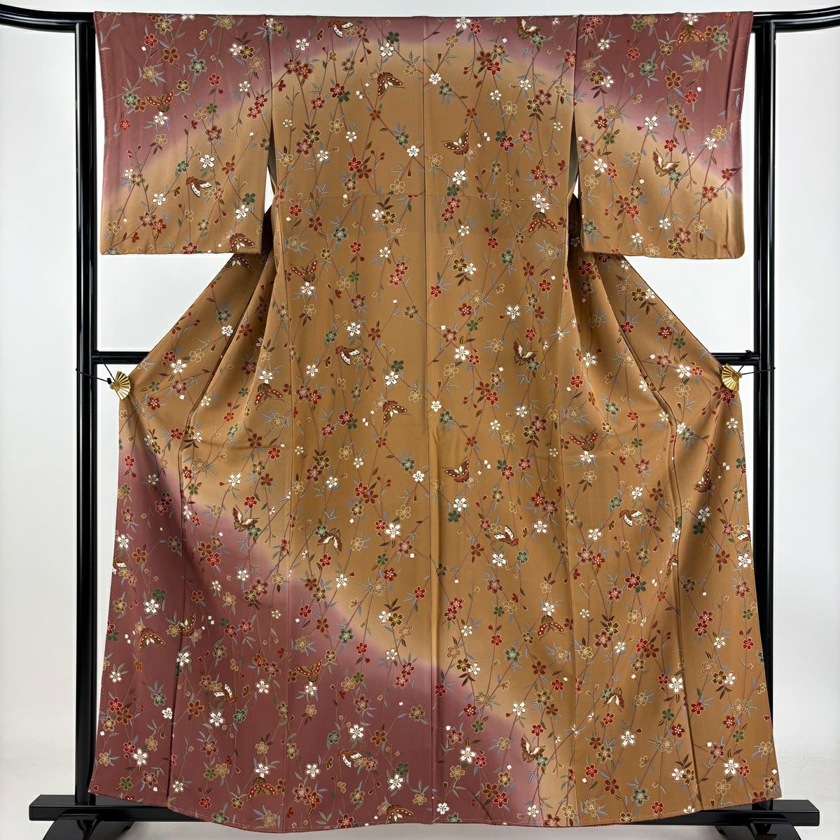 【庫存清倉】 付下 身長158cm 袖長63.5cm S 雙層 櫻花 蝴蝶 金銀彩 染分 小豆色 純蠶絲 美品 秀品級