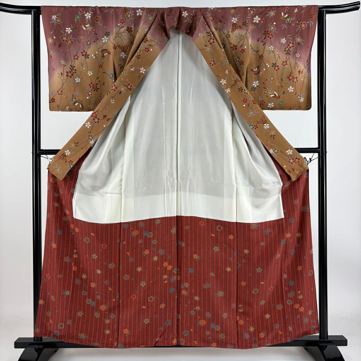【庫存清倉】 付下 身長158cm 袖長63.5cm S 雙層 櫻花 蝴蝶 金銀彩 染分 小豆色 純蠶絲 美品 秀品級