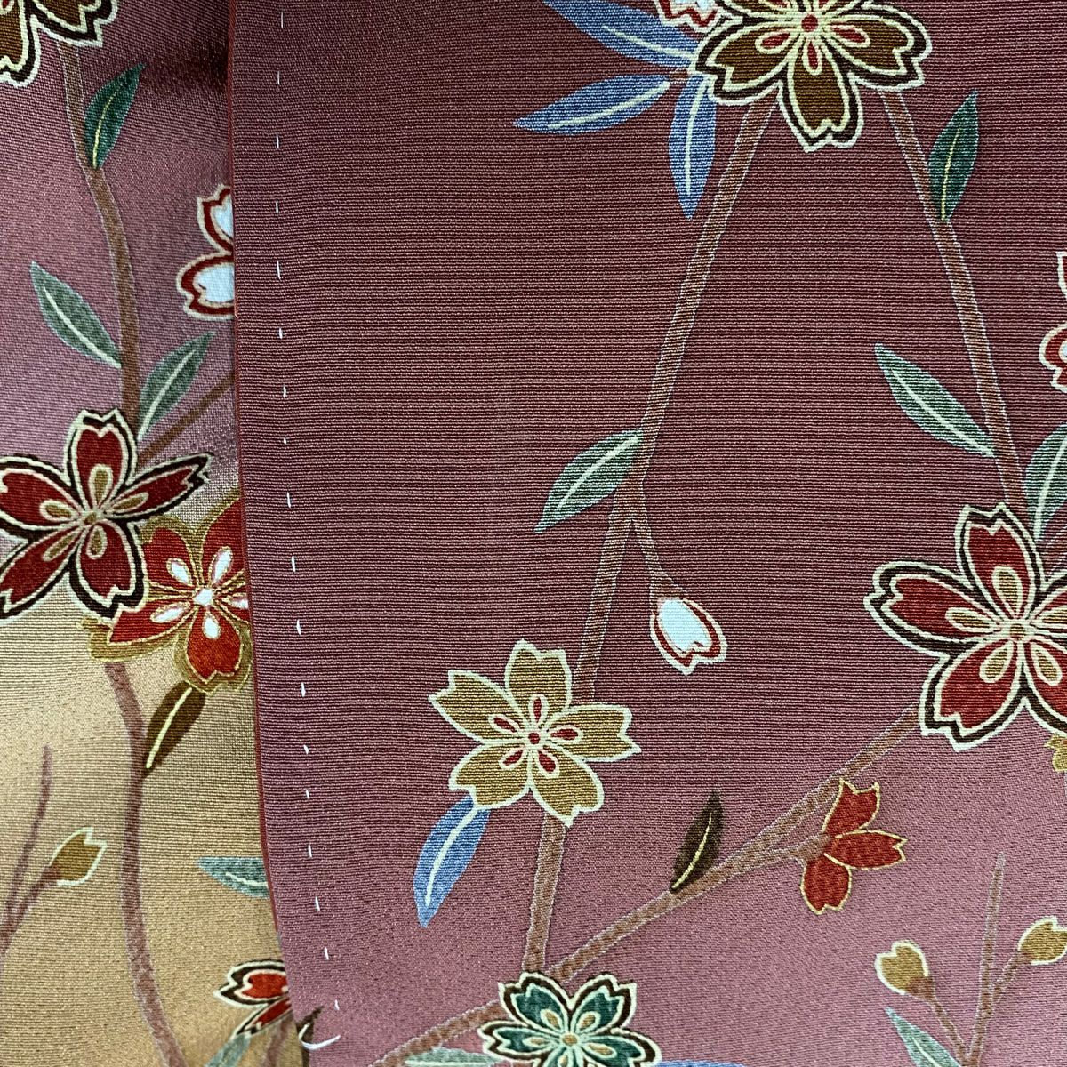 【庫存清倉】 付下 身長158cm 袖長63.5cm S 雙層 櫻花 蝴蝶 金銀彩 染分 小豆色 純蠶絲 美品 秀品級
