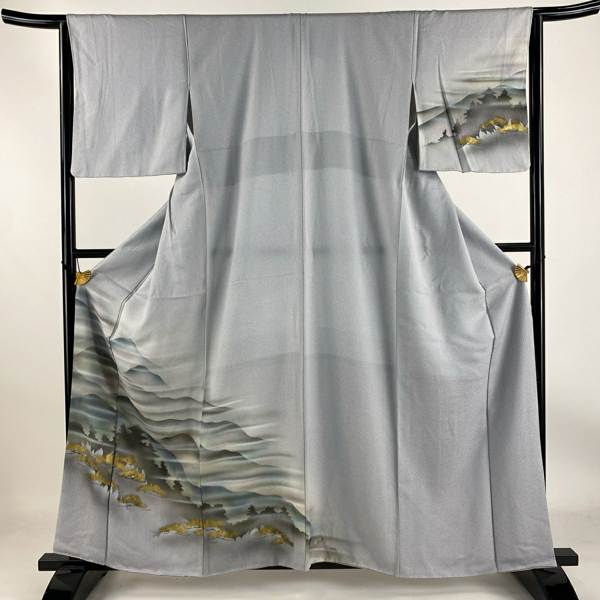 【庫存清倉】 付下 身長160cm 袖長64cm M 雙層 松樹 遠山 金銀彩 漸層 青灰 純蠶絲 優品級