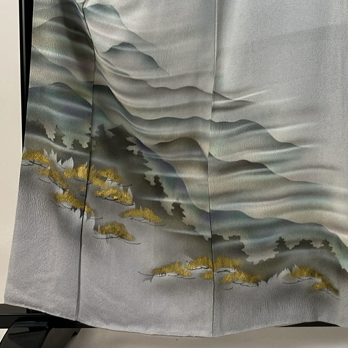【庫存清倉】 付下 身長160cm 袖長64cm M 雙層 松樹 遠山 金銀彩 漸層 青灰 純蠶絲 優品級