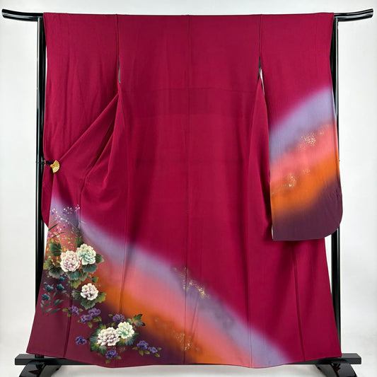 【清倉特賣】振袖禮服 身長157.5cm 袖長64.5cm M 雙層 牡丹 桔梗 金銀彩 漸層 紅紫 純蠶絲 優品級