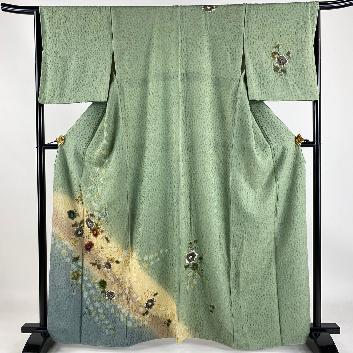 【庫存清倉】訪問服 身長162cm 袖長66cm M 雙層 草花紋紋 染分 金彩裝飾 灰綠 純蠶絲 優品級