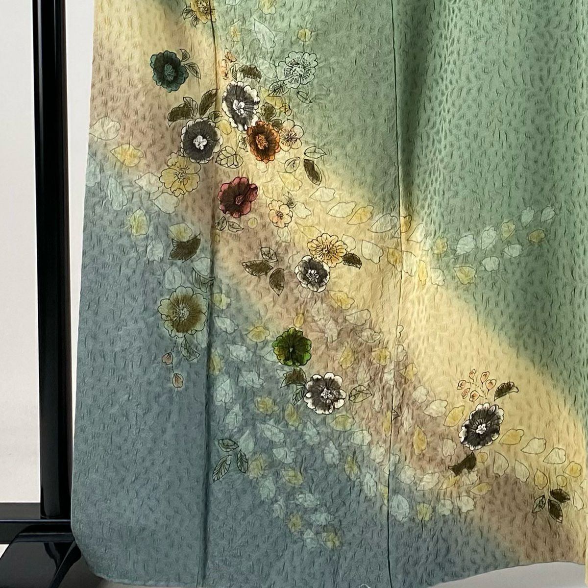 【庫存清倉】訪問服 身長162cm 袖長66cm M 雙層 草花紋紋 染分 金彩裝飾 灰綠 純蠶絲 優品級