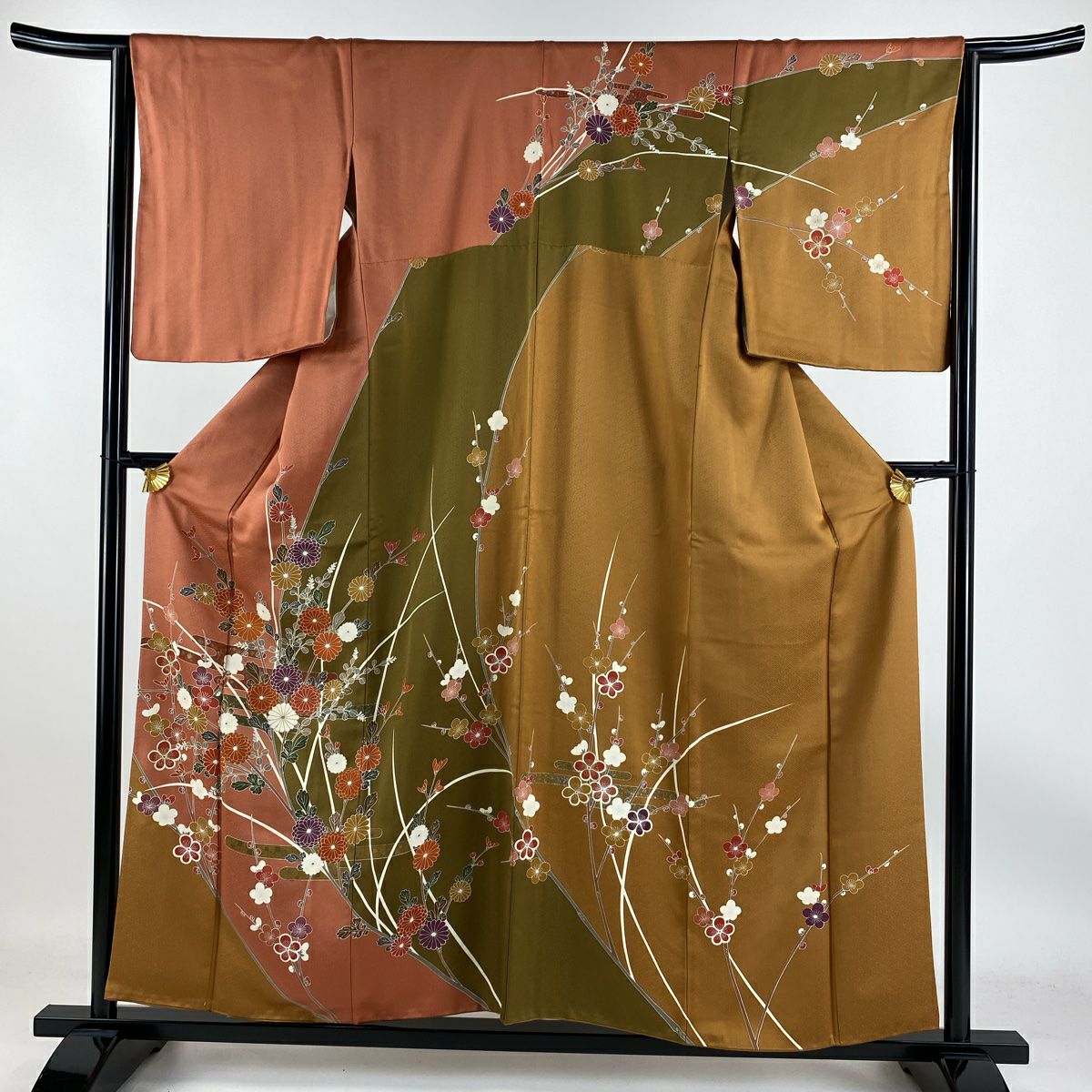 【庫存清倉】訪問服 身長156cm 袖長64cm M 雙層 菊花花 霞 金銀彩 染分 粉米色 純蠶絲 優品級