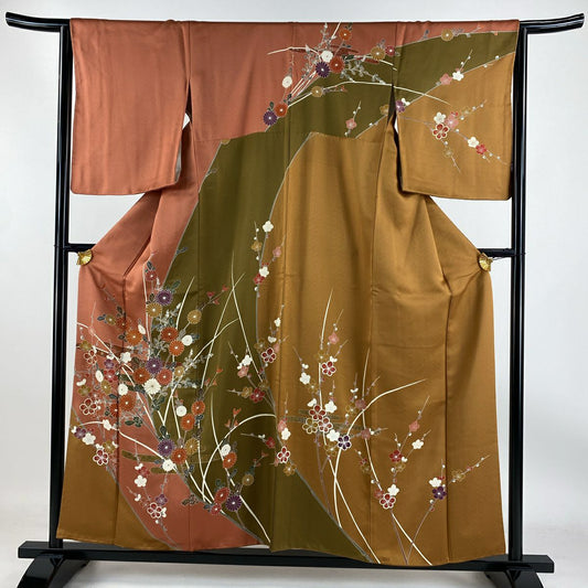 【庫存清倉】訪問服 身長156cm 袖長64cm M 雙層 菊花花 霞 金銀彩 染分 粉米色 純蠶絲 優品級