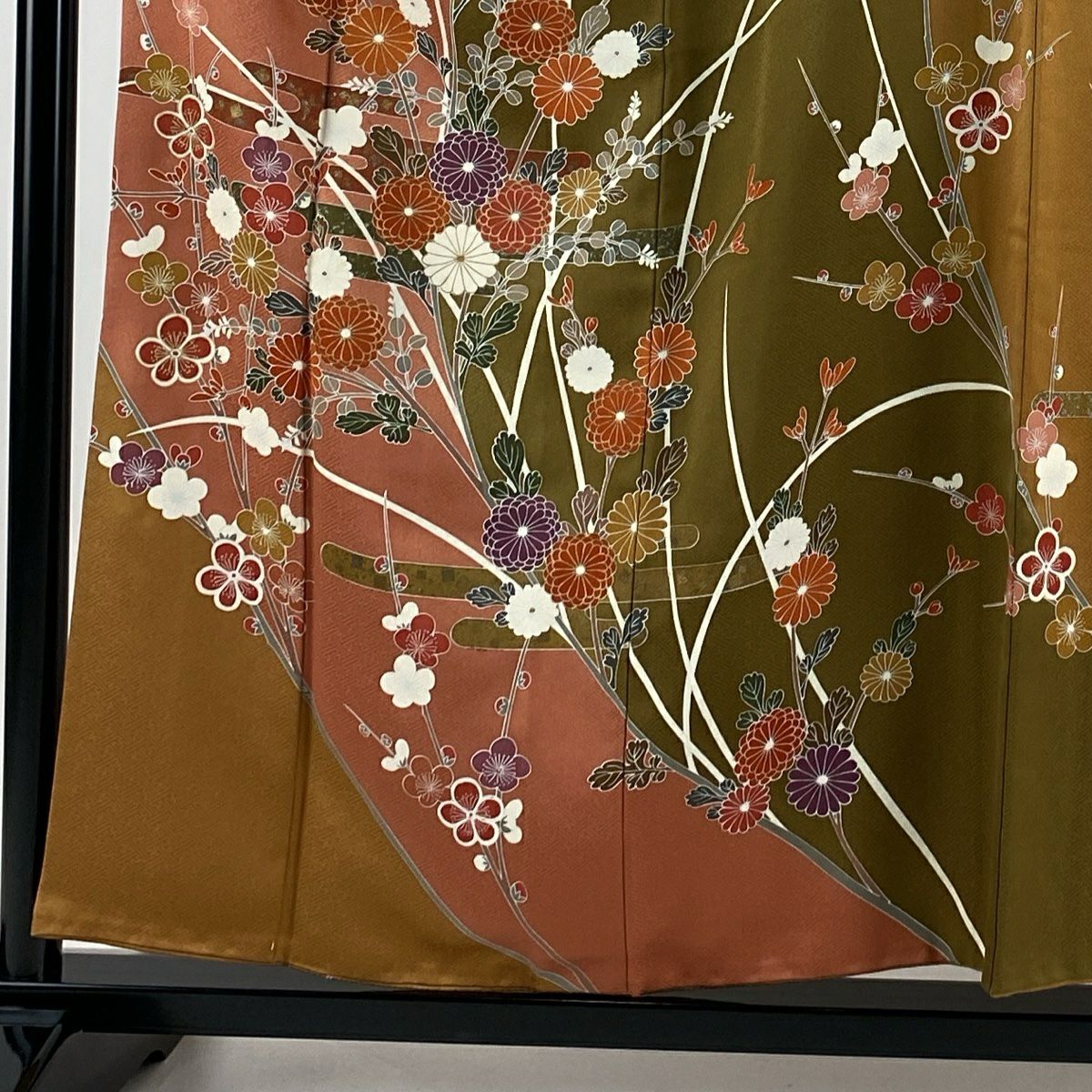 【庫存清倉】訪問服 身長156cm 袖長64cm M 雙層 菊花花 霞 金銀彩 染分 粉米色 純蠶絲 優品級