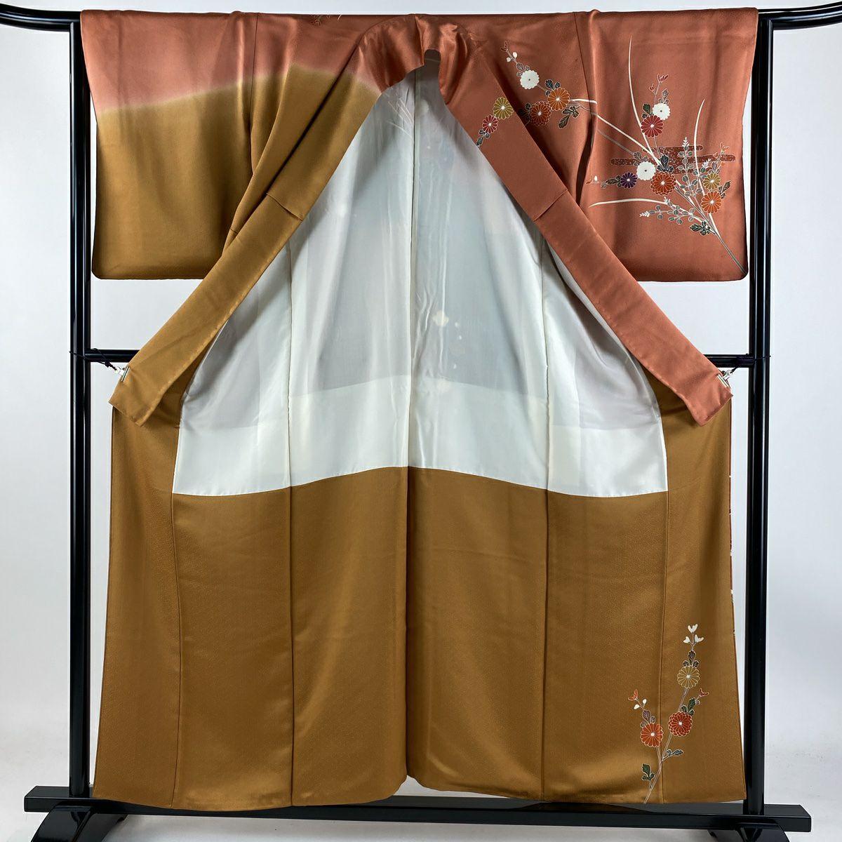 【庫存清倉】訪問服 身長156cm 袖長64cm M 雙層 菊花花 霞 金銀彩 染分 粉米色 純蠶絲 優品級