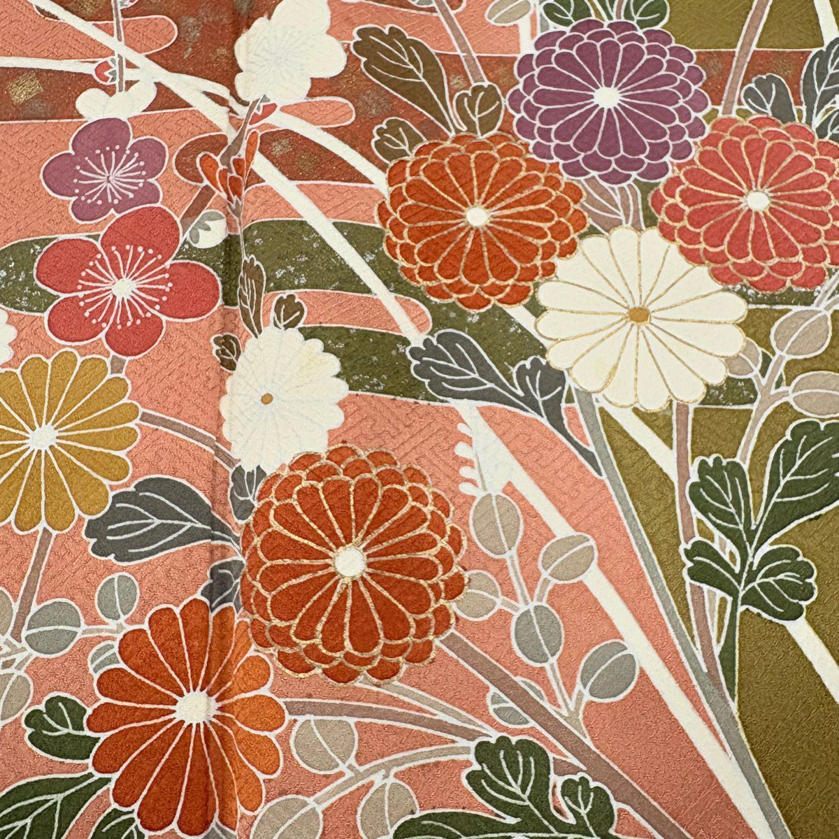 【庫存清倉】訪問服 身長156cm 袖長64cm M 雙層 菊花花 霞 金銀彩 染分 粉米色 純蠶絲 優品級