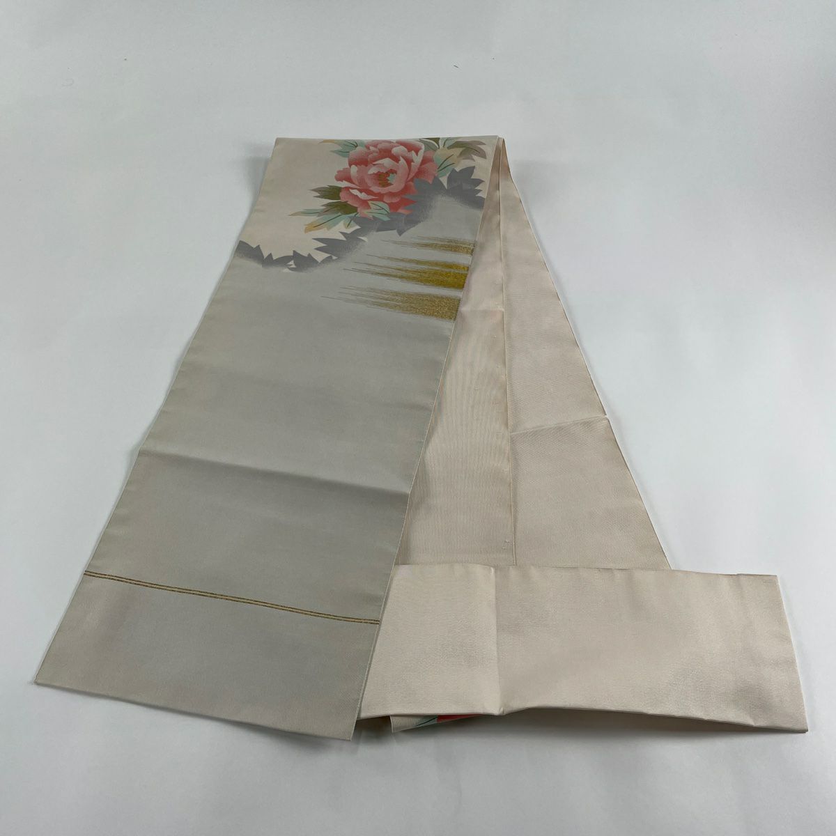 【庫存清倉】 名古屋帶 優品級 松樹葉仕立 八寸名古屋帶 牡丹 霞 金絲 淺粉色 純蠶絲