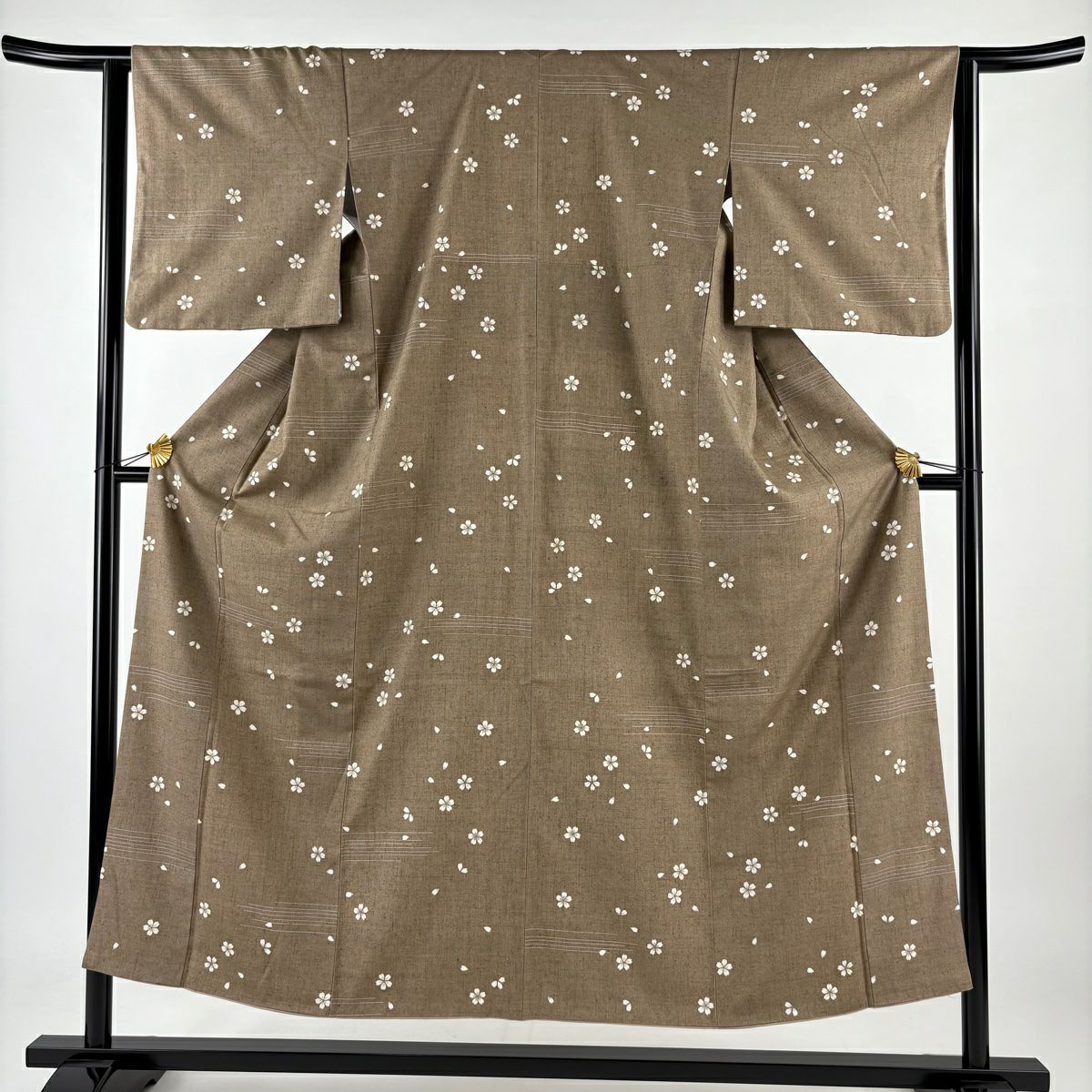 【庫存清倉】 小紋 身長150.5cm 袖長62.5cm S 雙層 紬織織 櫻花 櫻花花瓣 金彩裝飾 茶 純蠶絲 美品 名品級