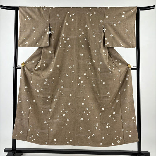 【庫存清倉】 小紋 身長150.5cm 袖長62.5cm S 雙層 紬織織 櫻花 櫻花花瓣 金彩裝飾 茶 純蠶絲 美品 名品級
