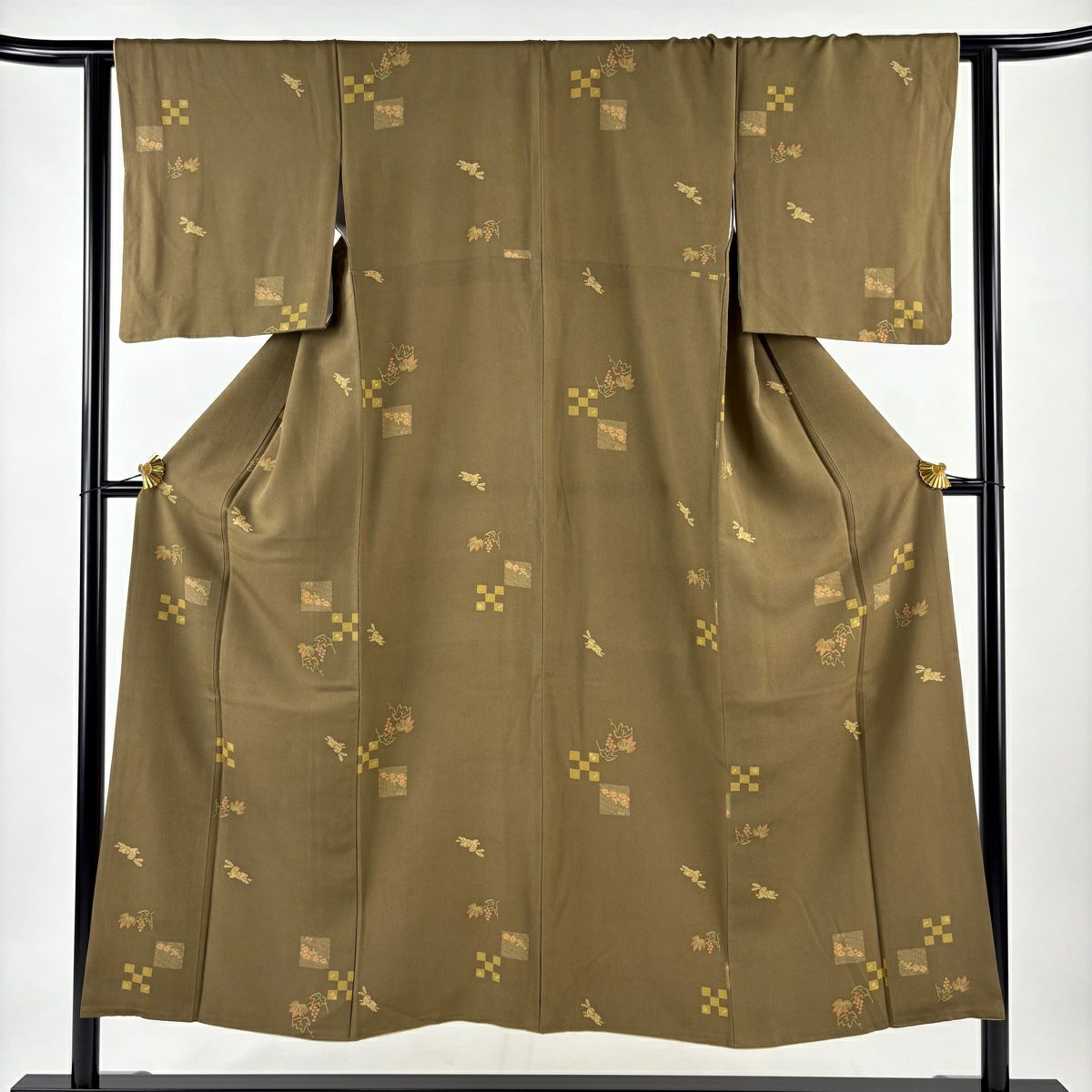 【庫存清倉】 小紋 身長150cm 袖長62.5cm S 雙層 兔子 葡萄 茶綠 純蠶絲 名品級