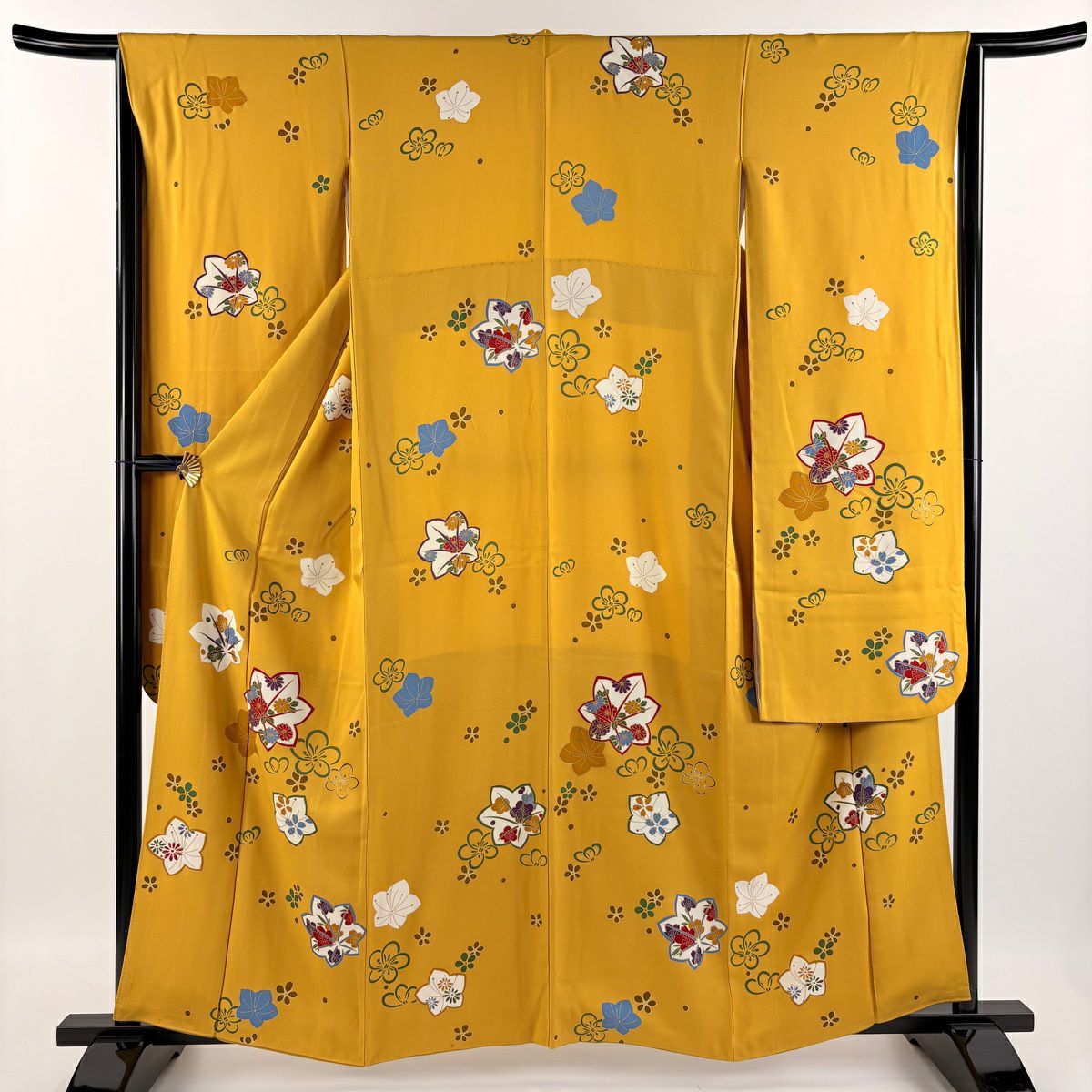【庫存清倉】振袖禮服 身長159cm 袖長64cm M 雙層 葉柄 草花紋紋 金彩裝飾 山吹 純蠶絲 名品級