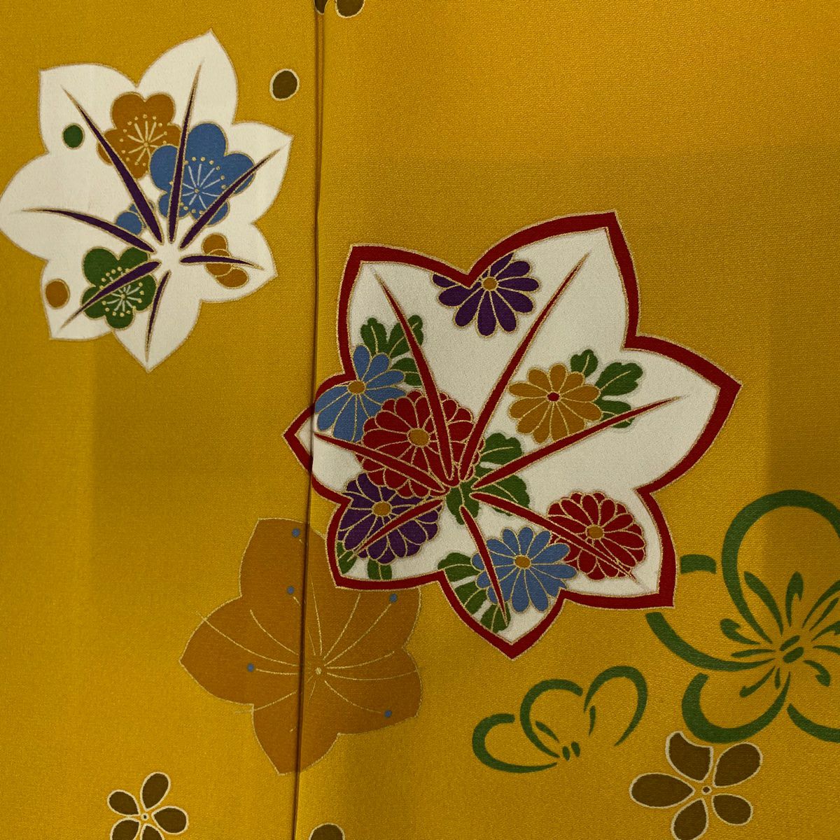 【庫存清倉】振袖禮服 身長159cm 袖長64cm M 雙層 葉柄 草花紋紋 金彩裝飾 山吹 純蠶絲 名品級