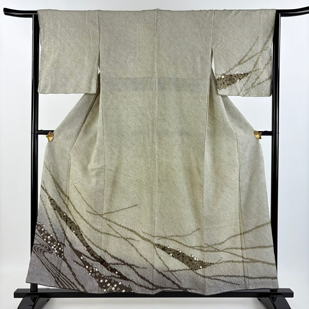 【庫存清倉】 付下 身長155.5cm 袖長63cm S 雙層 大和 流水 葉紋 絞染 灰綠 純蠶絲 名品級