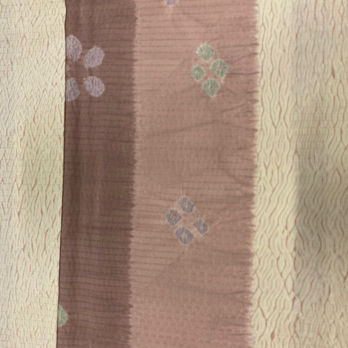 【庫存清倉】 小紋 身長157cm 袖長62.5cm S 雙層 花 縱條 絞染 奶油色 純蠶絲 名品級