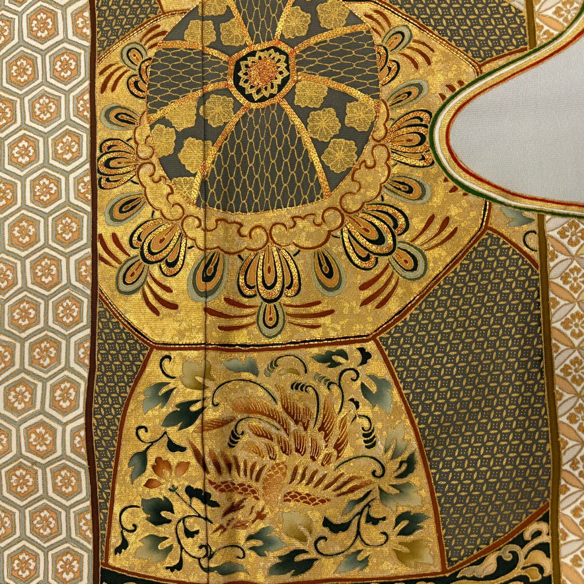 【庫存清倉】 留袖禮服禮服 身長156.5cm 袖長65cm M 雙層 北出與三郎 落款 鳳凰 花唐草紋 金絲 金銀彩 青灰 純蠶絲 名品級 三個紋