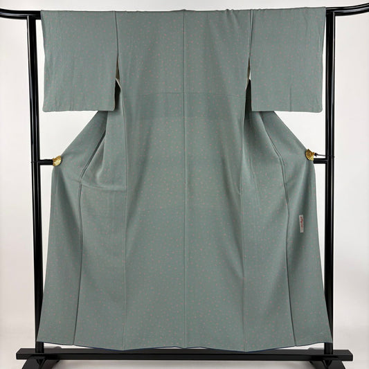 【庫存清倉】 小紋 身長153.5cm 袖長62cm S 雙層 辻村ジュサブロー 有落款 花瓣 絞紋 灰綠 純蠶絲 名品級