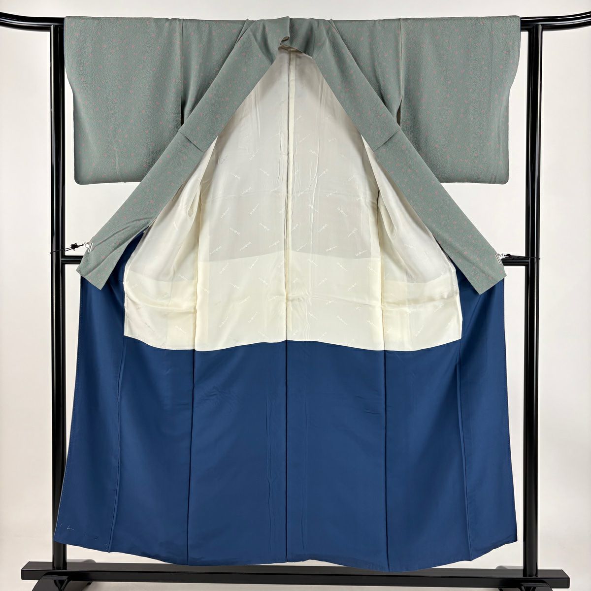 【庫存清倉】 小紋 身長153.5cm 袖長62cm S 雙層 辻村ジュサブロー 有落款 花瓣 絞紋 灰綠 純蠶絲 名品級