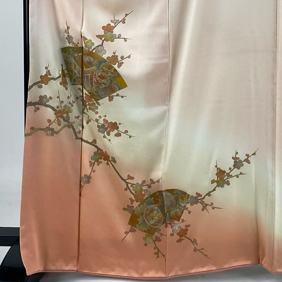 【庫存清倉】 付下 身長166cm 袖長68cm L 雙層 和田光正 落款有 扇子面 枝梅花 金銀彩 漸層 淡粉色 純蠶絲 名品級