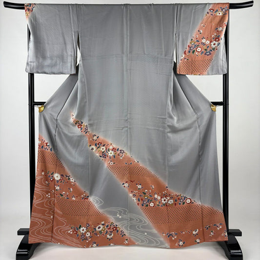 【庫存清倉】 付下 身長166.5cm 袖長68.5cm L 雙層 草花紋紋 流水 金彩裝飾 絞染 灰色 純蠶絲 優品級