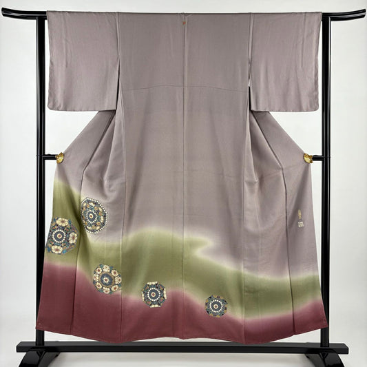 【庫存清倉】 留袖禮服禮服 身長154cm 袖長63cm S 雙層 落款 草花紋幾何圖案 螺鈿 金銀彩 灰紫 純蠶絲 美品 秀品級 一個紋