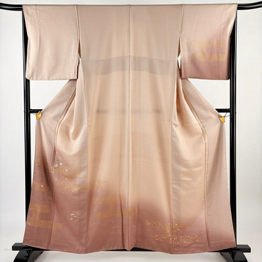 【庫存清倉】 付下 身長159cm 袖長65.5cm M 雙層 橘色 ヱ霞刺繡 金絲 粉米色 純蠶絲 優品級