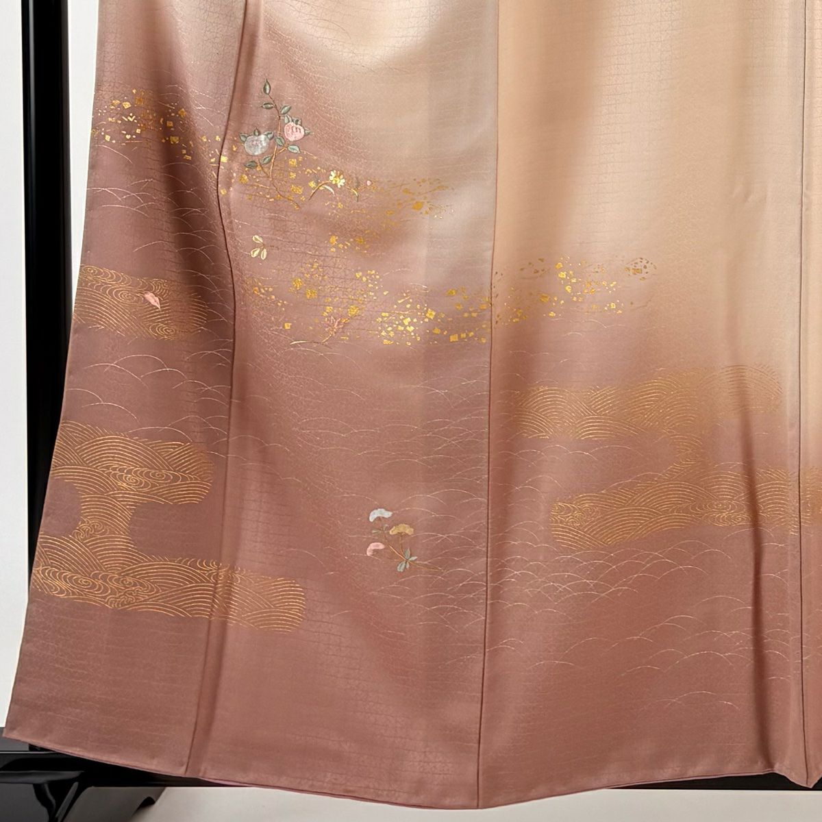 【庫存清倉】 付下 身長159cm 袖長65.5cm M 雙層 橘色 ヱ霞刺繡 金絲 粉米色 純蠶絲 優品級