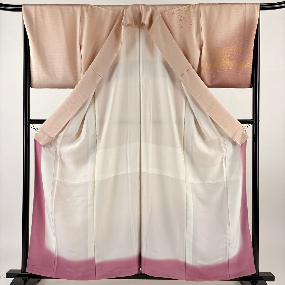 【庫存清倉】 付下 身長159cm 袖長65.5cm M 雙層 橘色 ヱ霞刺繡 金絲 粉米色 純蠶絲 優品級