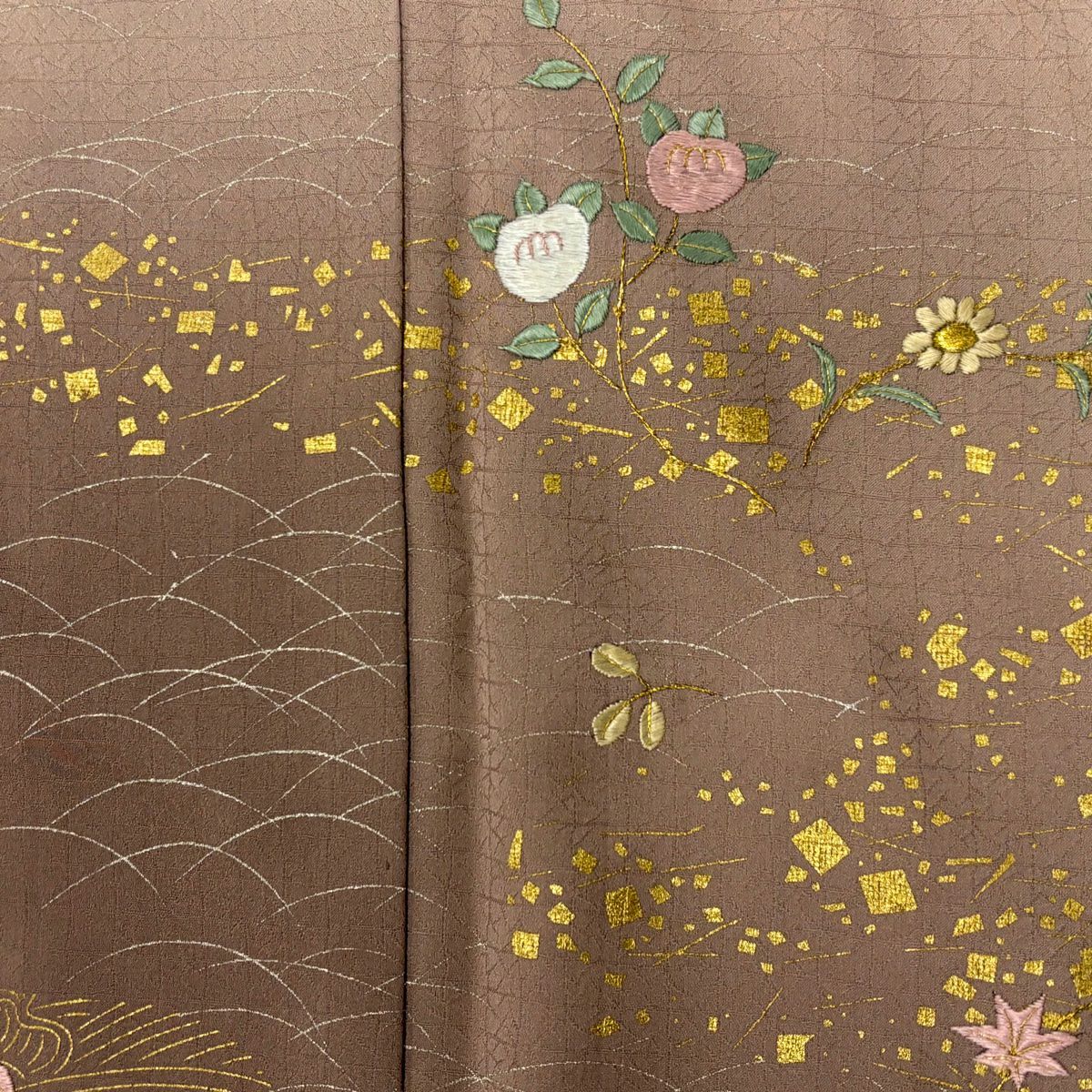 【庫存清倉】 付下 身長159cm 袖長65.5cm M 雙層 橘色 ヱ霞刺繡 金絲 粉米色 純蠶絲 優品級