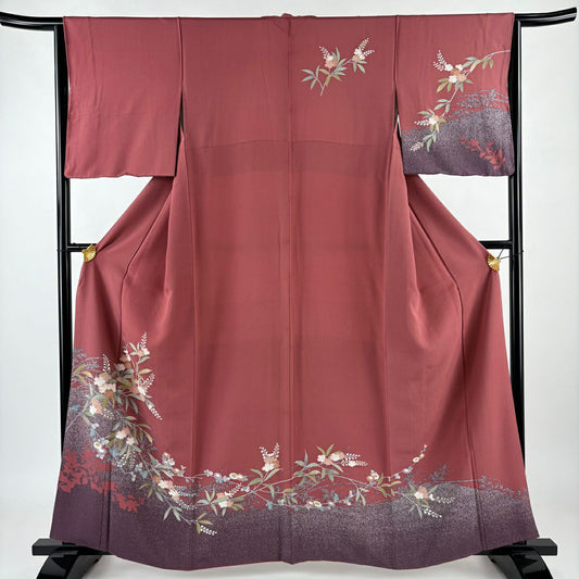 【庫存清倉】訪問服 身長161cm 袖長64cm M 雙層 草花紋紋 輪廓 紅紫 純蠶絲 優品級