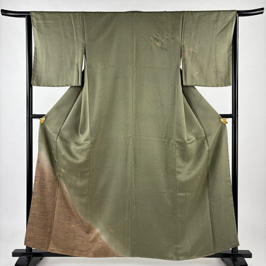 【庫存清倉】 付下 身長159cm 袖長65cm M 雙層 鈴乃屋 扇子子 銀杏 刺繡 金銀彩 灰綠 純蠶絲 優品級