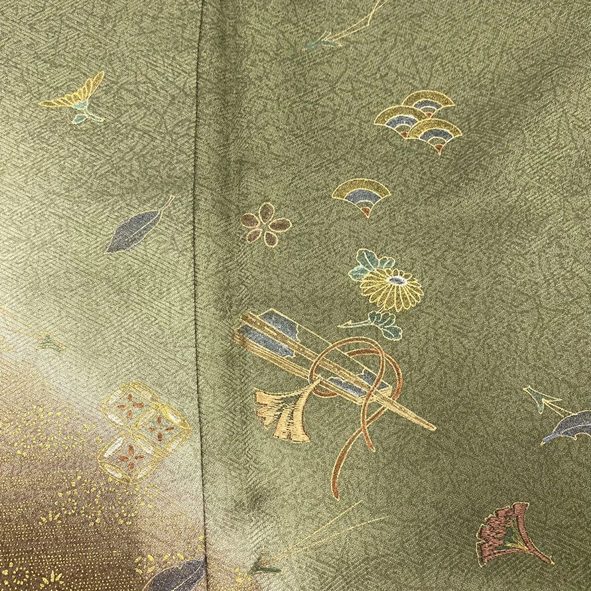 【庫存清倉】 付下 身長159cm 袖長65cm M 雙層 鈴乃屋 扇子子 銀杏 刺繡 金銀彩 灰綠 純蠶絲 優品級