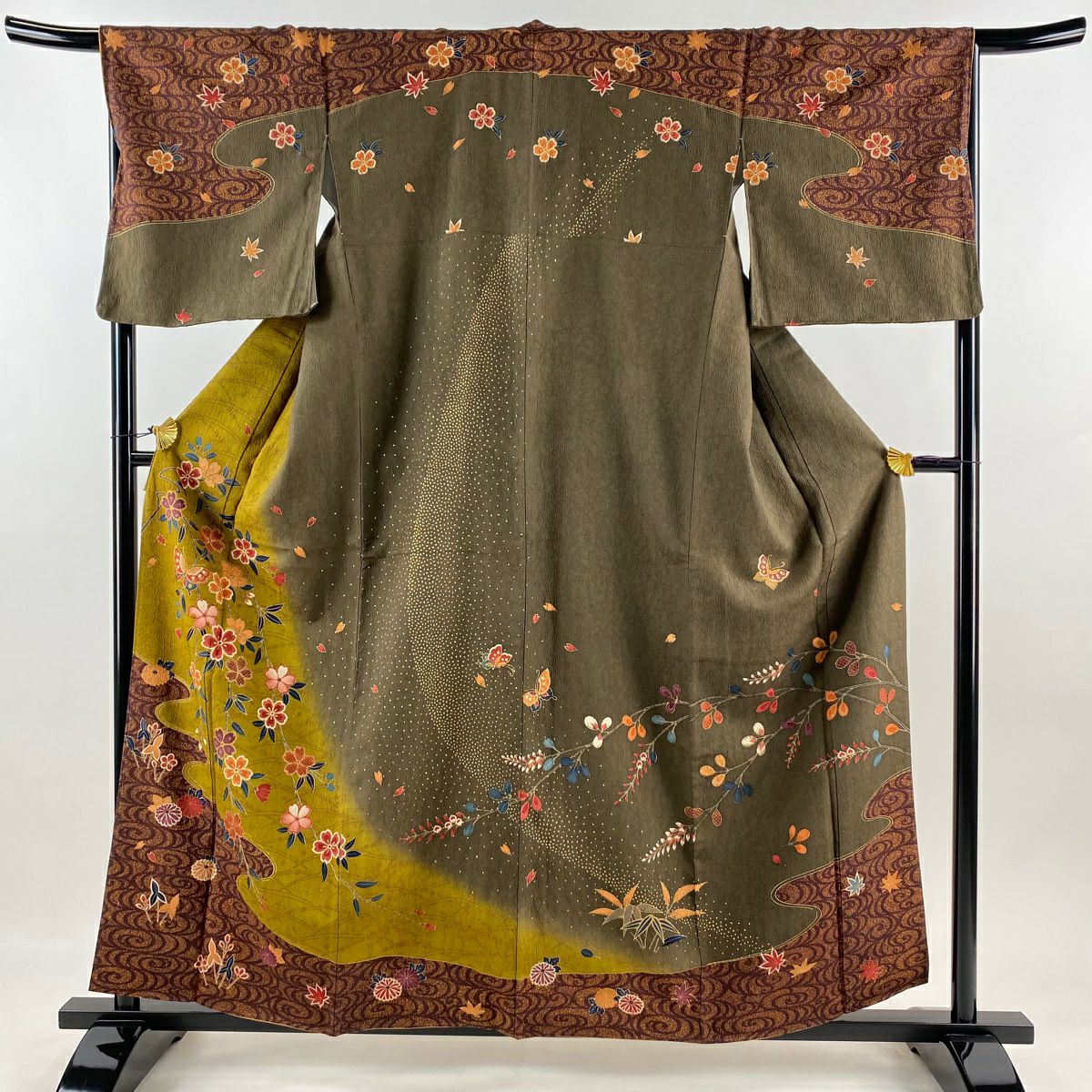 【庫存清倉】訪問服 身長159.5cm 袖長67cm M 雙層 櫻花 蝴蝶 金銀彩 漸層 焦茶 純蠶絲 名品級