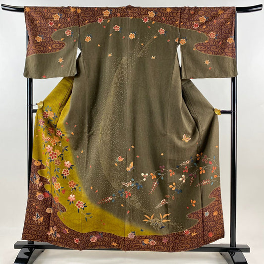 【庫存清倉】訪問服 身長159.5cm 袖長67cm M 雙層 櫻花 蝴蝶 金銀彩 漸層 焦茶 純蠶絲 名品級