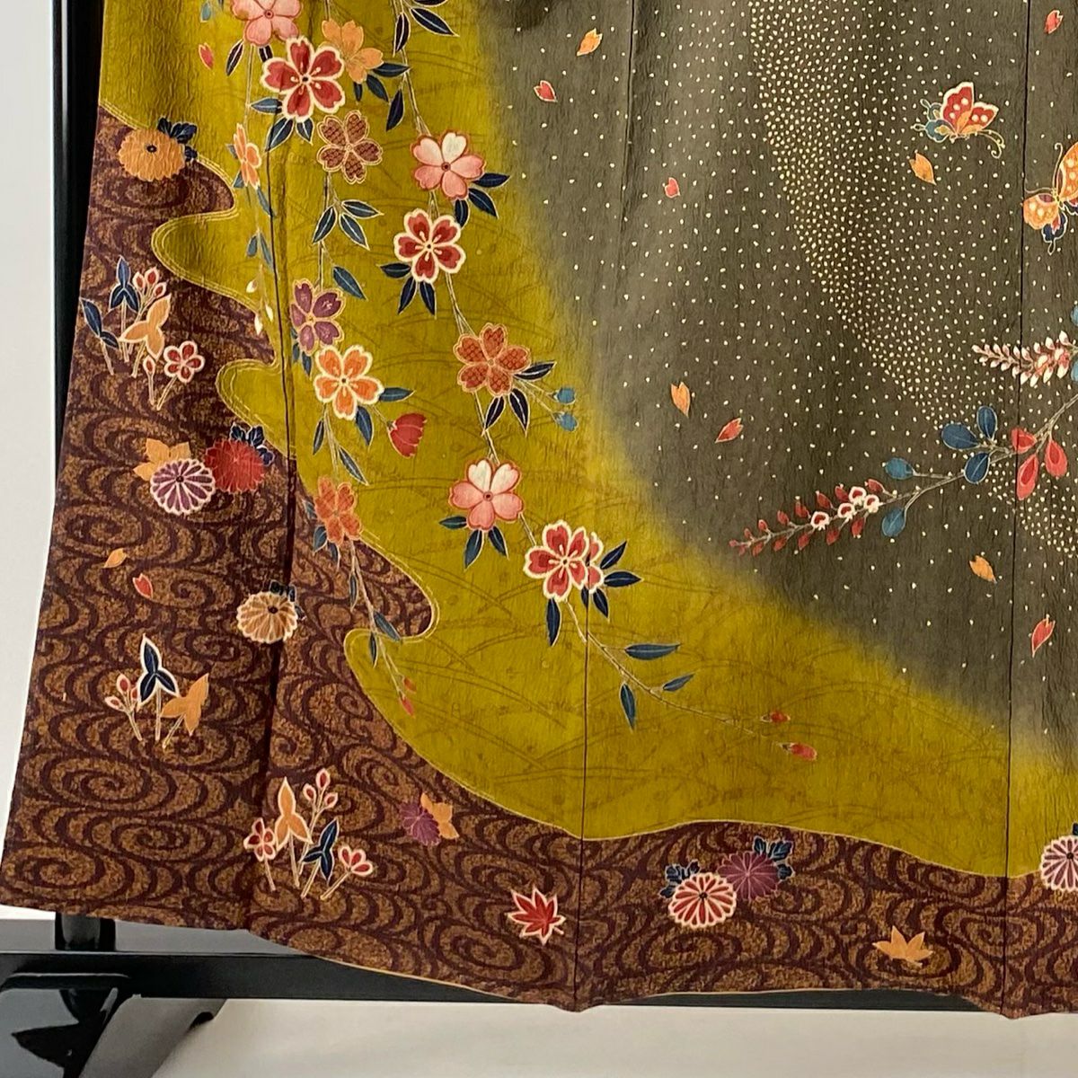 【庫存清倉】訪問服 身長159.5cm 袖長67cm M 雙層 櫻花 蝴蝶 金銀彩 漸層 焦茶 純蠶絲 名品級