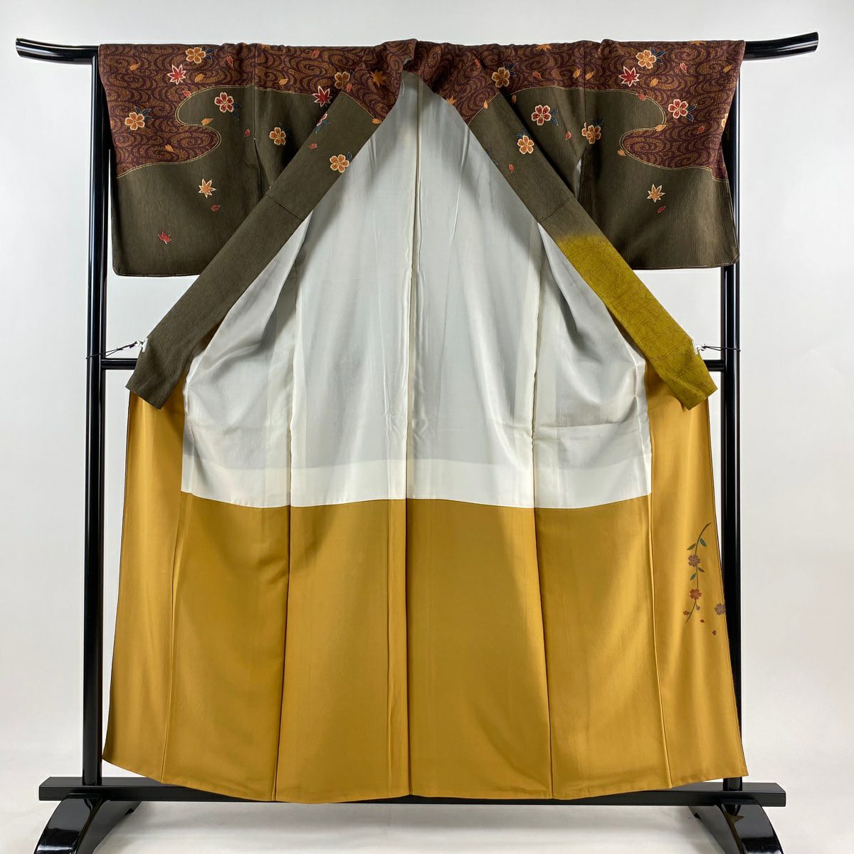 【庫存清倉】訪問服 身長159.5cm 袖長67cm M 雙層 櫻花 蝴蝶 金銀彩 漸層 焦茶 純蠶絲 名品級